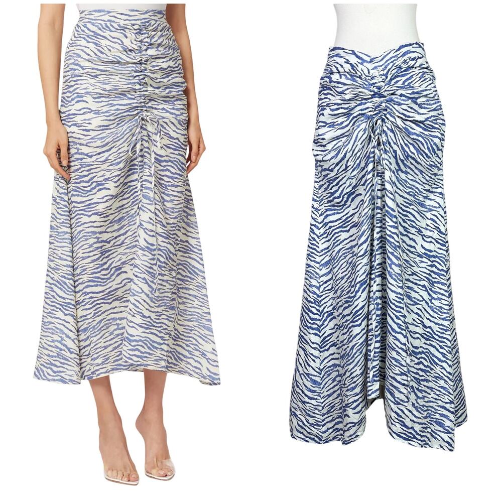 PAPER London | Sisi Linen Zebra Striped Blue Cream Scrunched Maxi Skirt 8